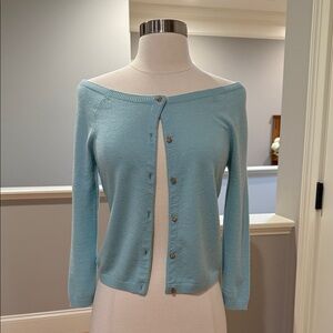 Tory Burch Cashmere Light Blue Off-Shoulder Button Cardigan